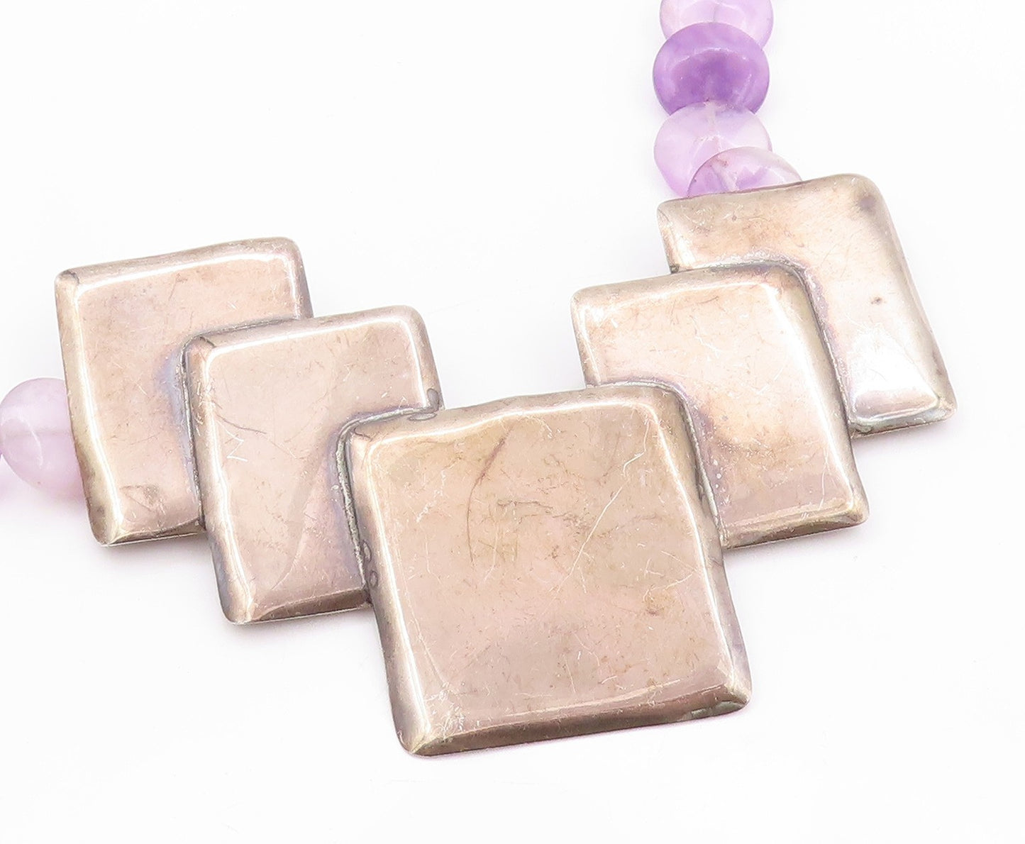 925 Sterling Silver Vintage Necklace Cubed Amethyst Graduated Setting NE4530