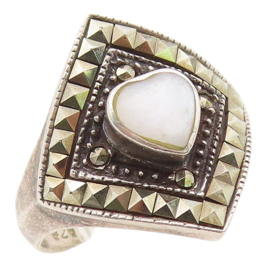 925 Sterling Silver Vintage Ring Heart Shape Moonstone & Marcasite Sz 7 RG36062