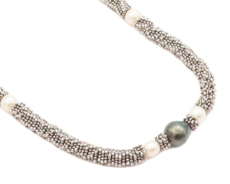 925 Sterling Silver Vintage Necklace DEBORAH ARMSTRONG Carved Pearls  NE4297
