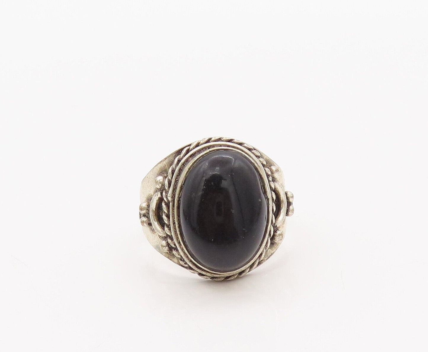 925 Sterling Silver Vintage Ring Roped Carved Oval Cabochon Onyx  Sz 9.5 RG28249