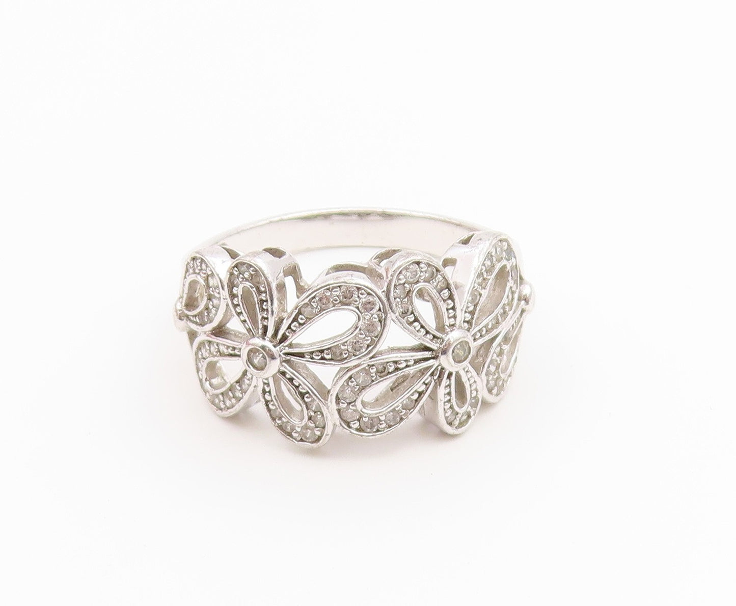 925 Sterling Silver Vintage Ring Elegant CZ Floral Openwork Band  Sz 11  RG36894