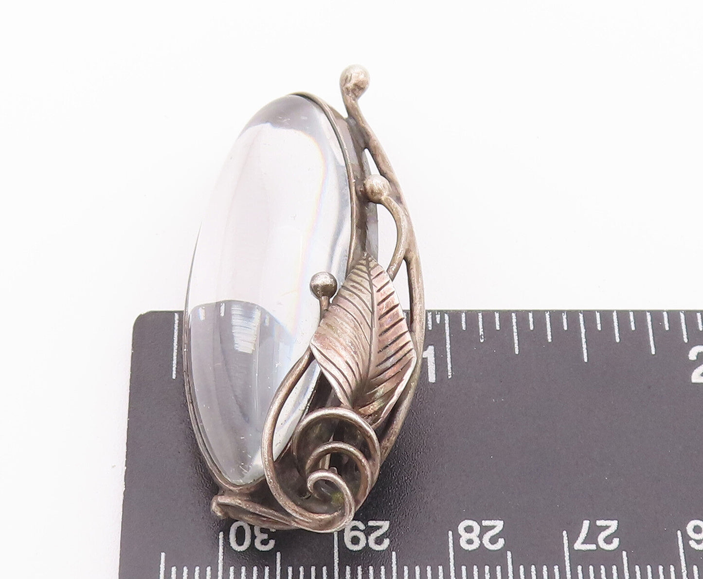 925 Sterling Silver Vintage Brooch Pin POLAND Swirly Carved Leaf & Glass BP10752