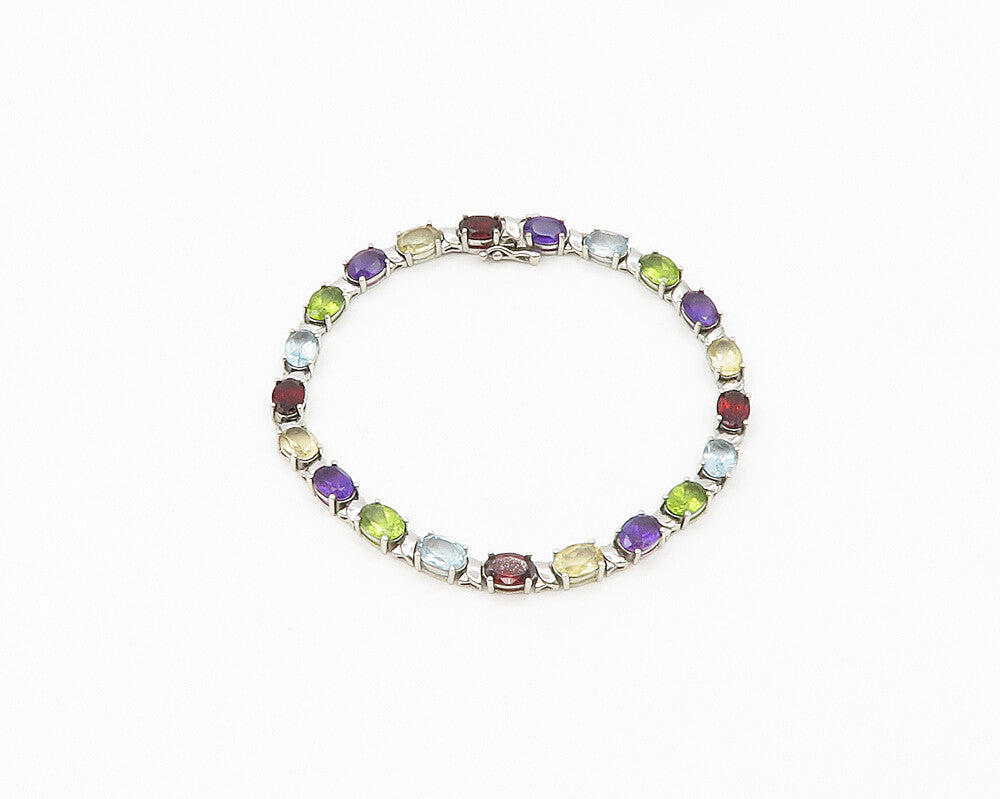 925 Sterling Silver  Topaz Garnet Amethyst & Peridot Chain Bracelet  BT7651