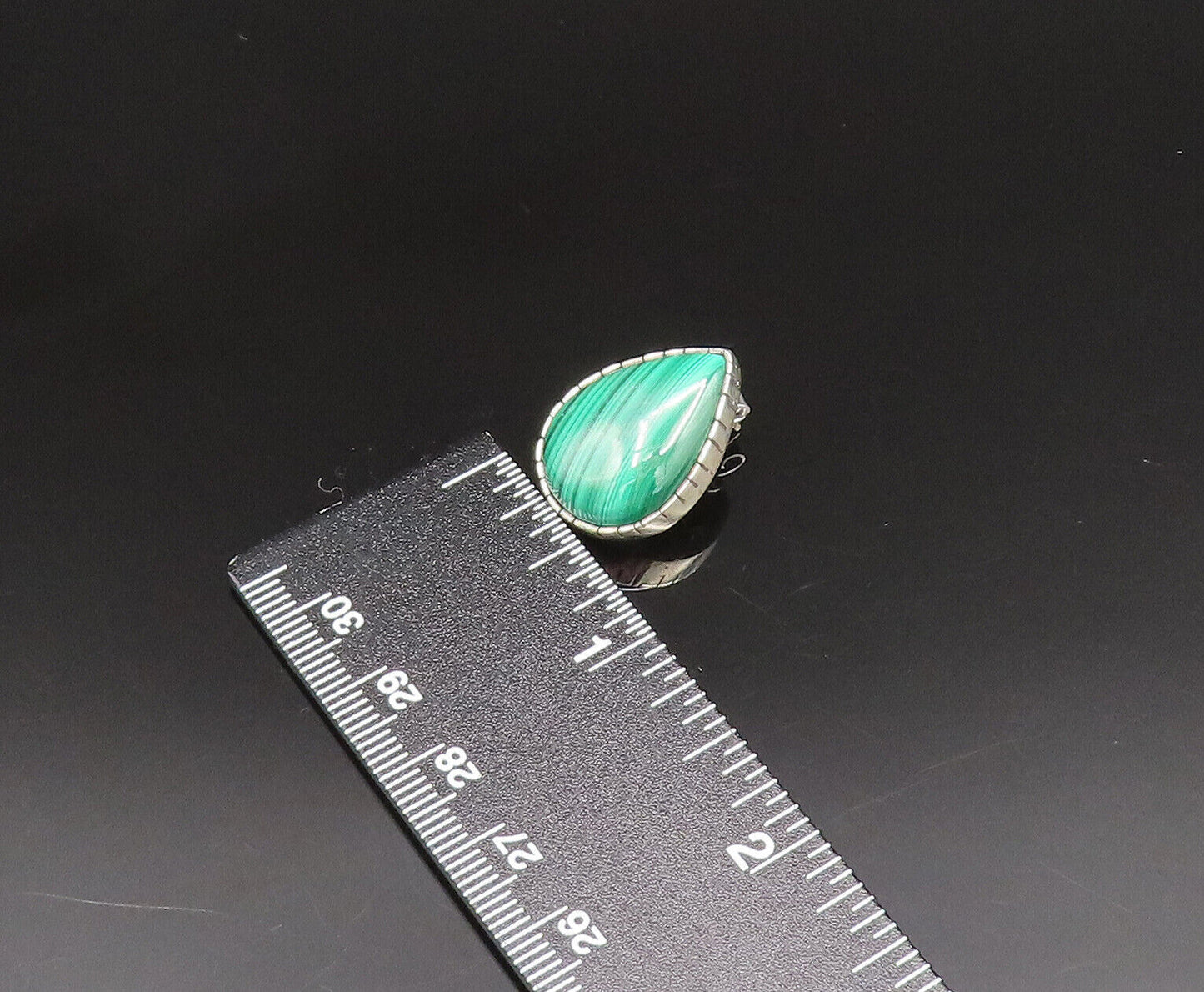 NAVAJO 925 Silver  Vintage Etched Pear Shaped Malachite Earrings  EG11949