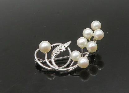 925 Sterling Silver  Vintage Cultured Pearls Floral Vine Brooch Pin  BP8980