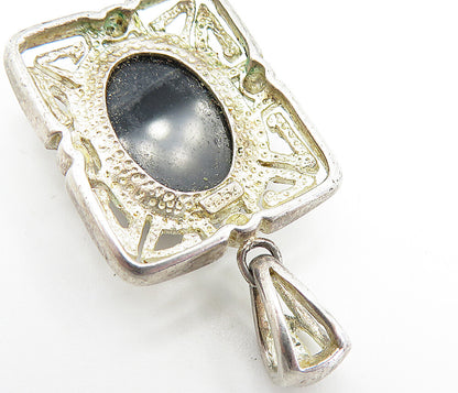925 Sterling Silver  Vintage Cabochon Cut Black Onyx Square Pendant  PT5527