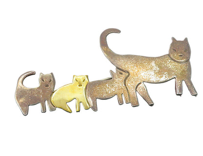 MEXICO 925 Sterling Silver  Vintage 2 Tone Mom & Baby Cats Brooch Pin  BP4440
