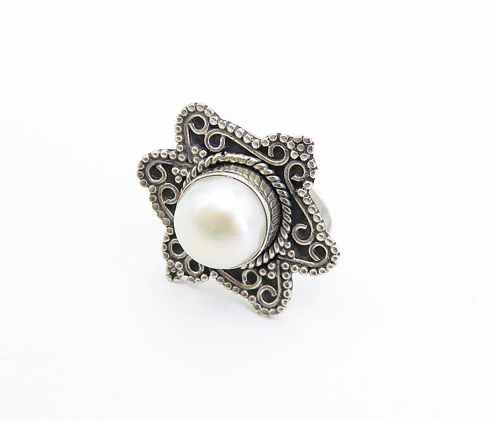 925 Sterling Silver  Vintage Pearl Dome Shiny Swirl Cocktail Ring Sz 7  RG7854
