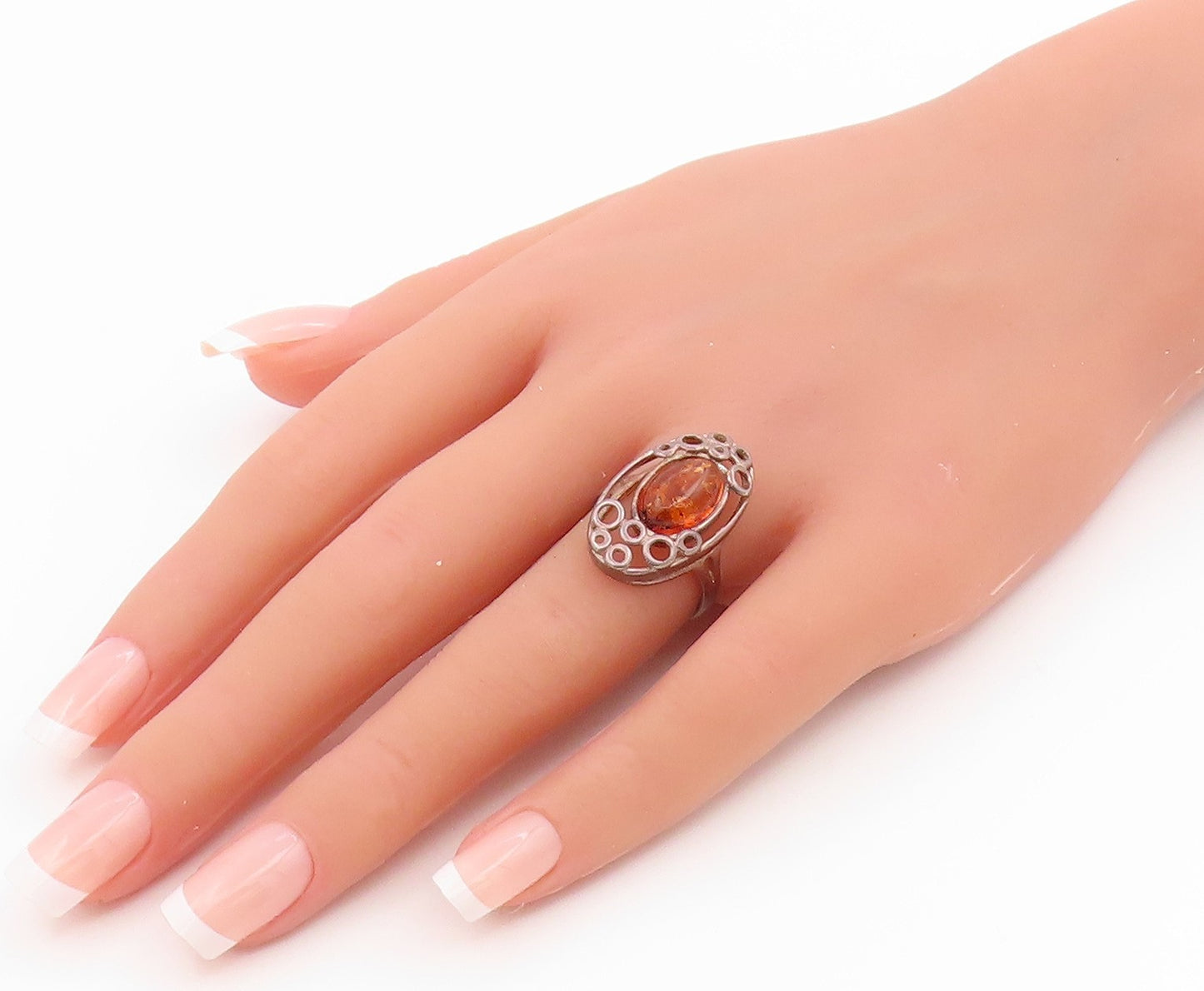 925 Sterling Silver Vintage Ring Cabochon Amber Circles Cutout Band Sz 7 RG35726