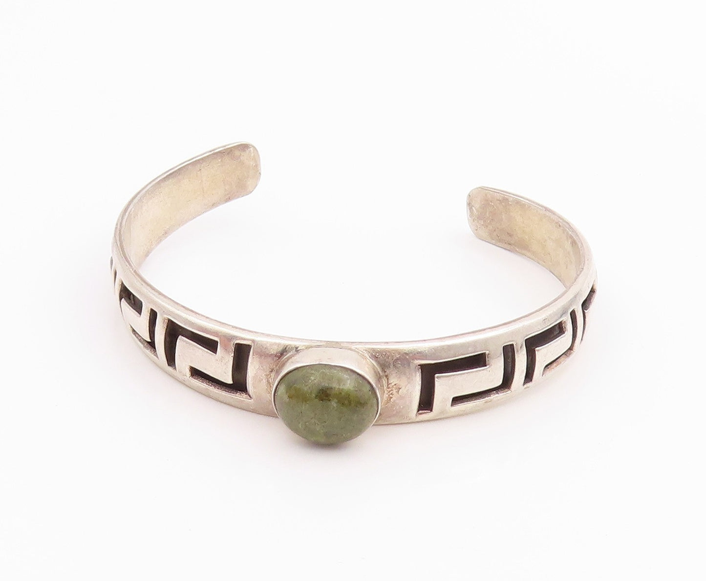 925 Sterling Silver Vintage Bracelet Oval Turquoise Carved Maze Cuff  BT11302