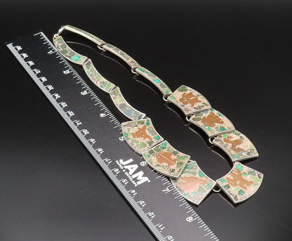 MEXICO 925 Silver  Vintage Carved Animals & Crushed Jasper Necklace  NE4028