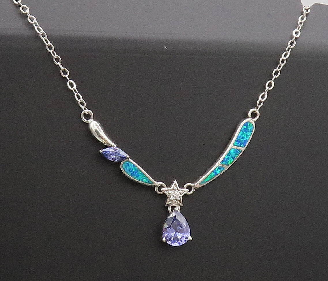 925 Silver  Vintage Water Drop Inlay Fire Opal Star Purple CZ Necklace  NE4217