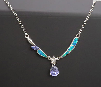 925 Silver  Vintage Water Drop Inlay Fire Opal Star Purple CZ Necklace  NE4217