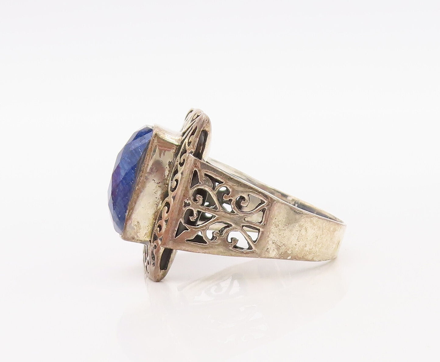 925 Sterling Silver Vintage Ring Rectangle Swirly Real Gemstone Sz 10.5 RG30562