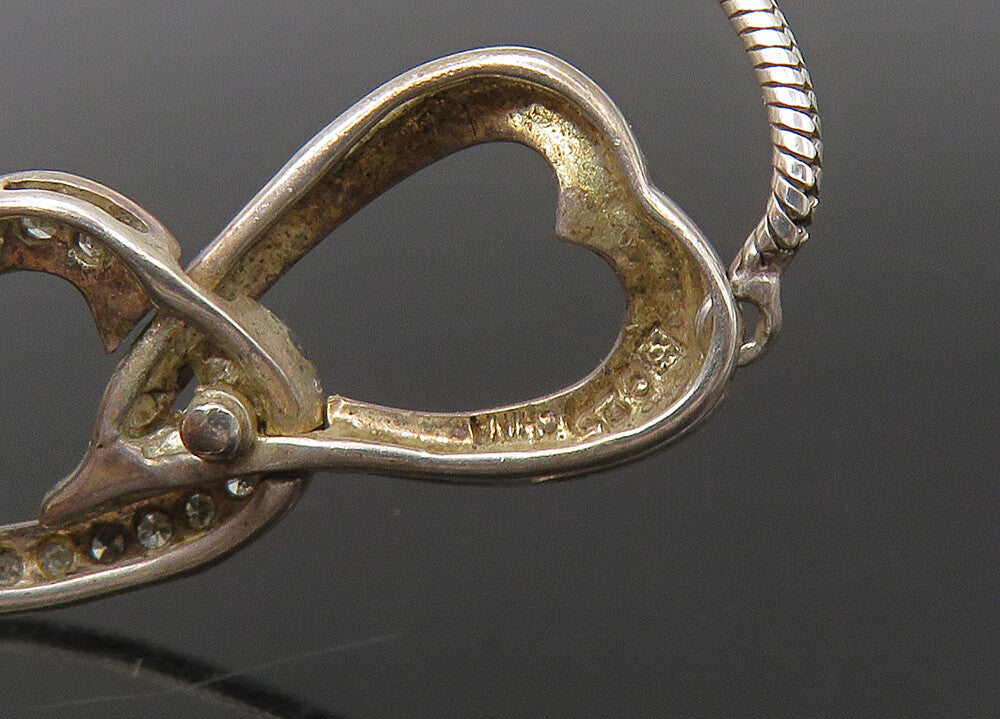 925 Sterling Silver  Vintage Genuine Diamonds Hearts Chain Necklace  NE3619