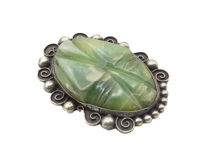MEXICO 925 Sterling Silver  Vintage Antique Face Carved Jade Brooch Pin BP3848
