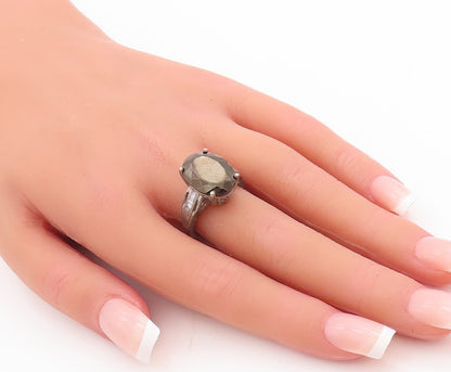 925 Sterling Silver Vintage Ring D'JOY Carved Neck Hematite & CZ  Sz 7  RG28936
