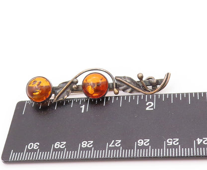 925 Sterling Silver Vintage Brooch Amber Dark Tone Floral Cutout  BP11510