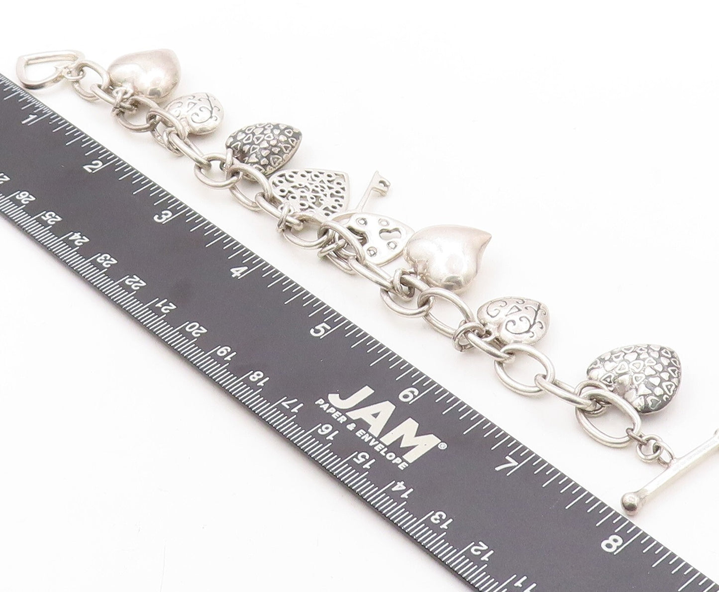 925 Sterling Silver Vintage Bracelet Minimalist Carved Dangling Hearts  BT10928