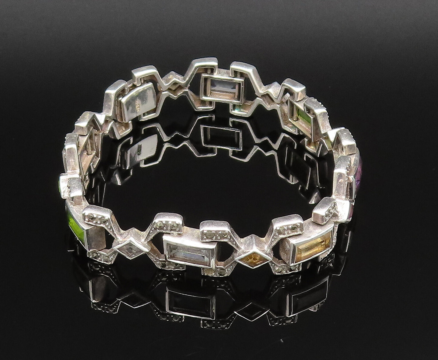 925 Silver  Vintage Rectangle Amethyst Topaz & Multi Stone Bracelet  BT9607