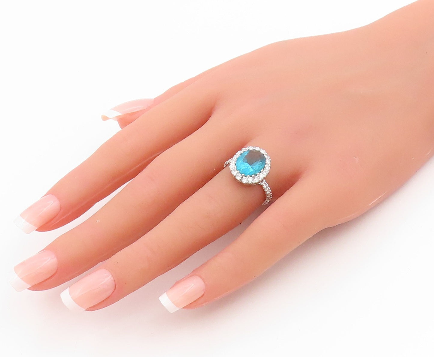 925 Sterling Silver Vintage Ring Faceted Blue Topaz Halo CZ Band  Sz 6  RG33920