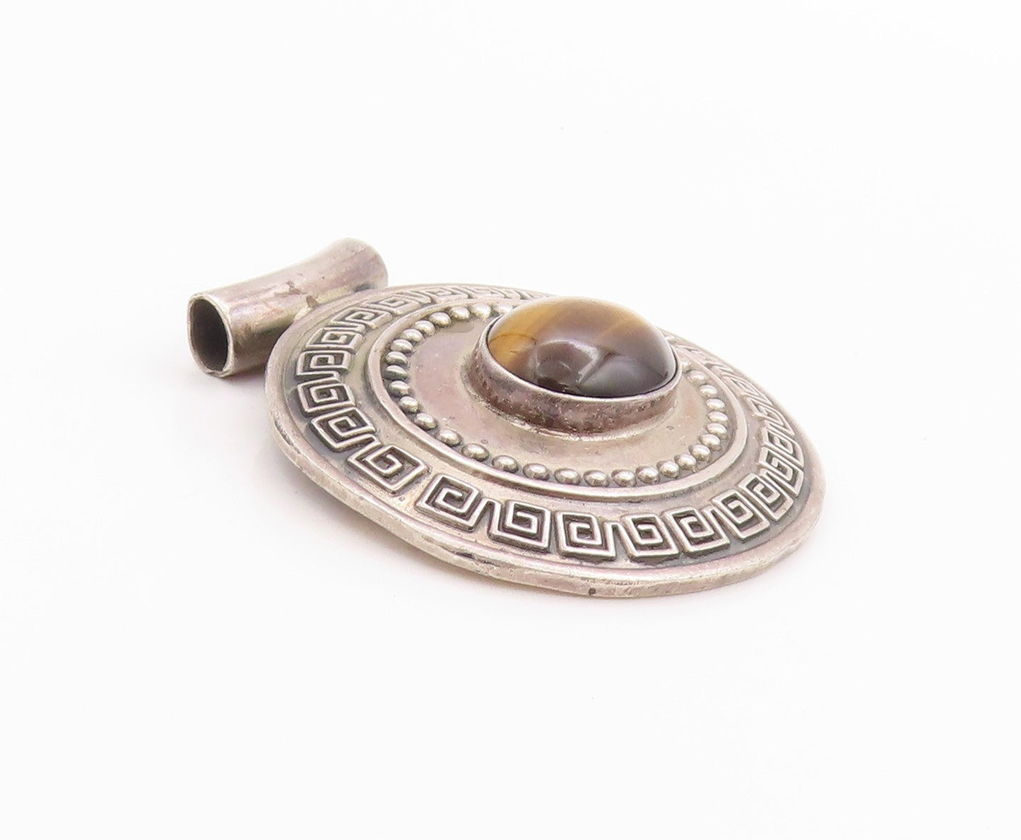 925 Sterling Silver Vintage Pendant Tiger's Eye Greek Key Heavy Design  PT24843