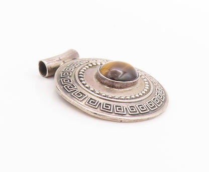 925 Sterling Silver Vintage Pendant Tiger's Eye Greek Key Heavy Design  PT24843
