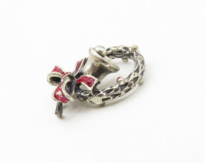 925 Sterling Silver  Vintage Enamel Ribbon Bow Wreath & Bell Pendant  PT13519