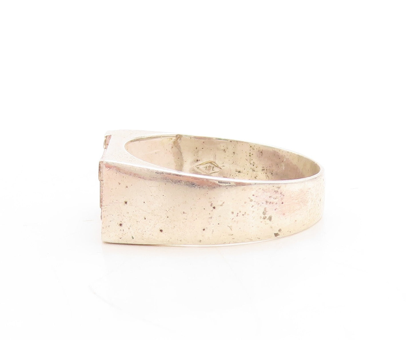 14k Gold 925 Sterling Silver Vintage Ring Carved F CZ Inlay  Sz 11.5  RG31523
