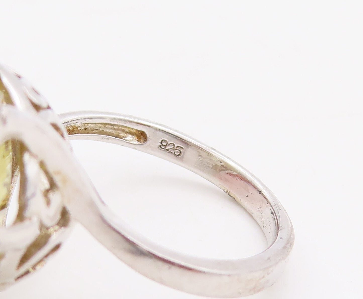 925 Sterling Silver Vintage Ring Floral Carved Amorphas Lime Quartz Sz 9 RG29865