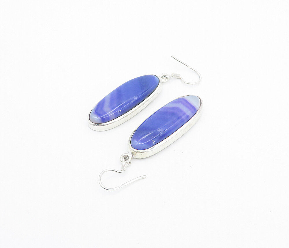 925 Sterling Silver Cabochon Cut Purple Agate Shiny Dangle Earrings EG3020