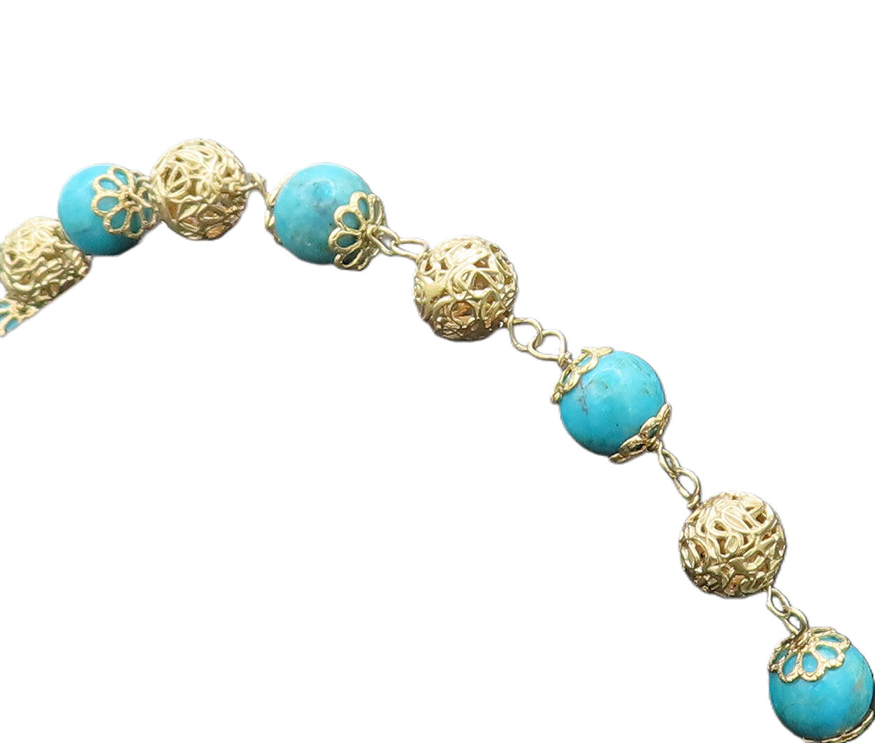 925 Sterling Silver Vintage Bracelet Cabochon Turquoise & Carved Spheres BT10269