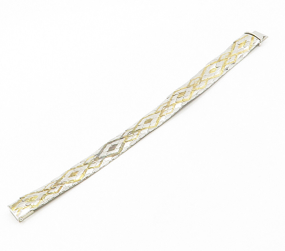 925 Sterling Silver  Shiny Two Tone Patterned Flat Chain Bracelet  BT6020