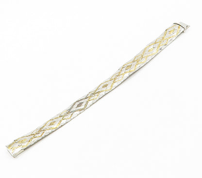 925 Sterling Silver  Shiny Two Tone Patterned Flat Chain Bracelet  BT6020