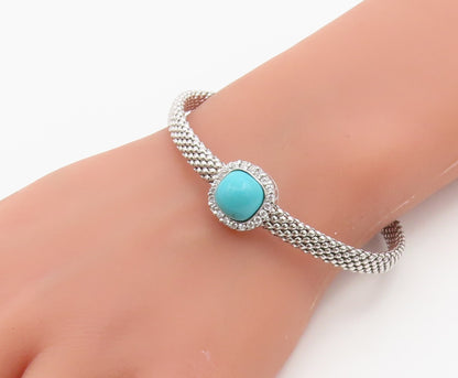925 Sterling Silver Vintage Bracelet Turquoise & Halo CZ Woven Bead Mesh BT12172