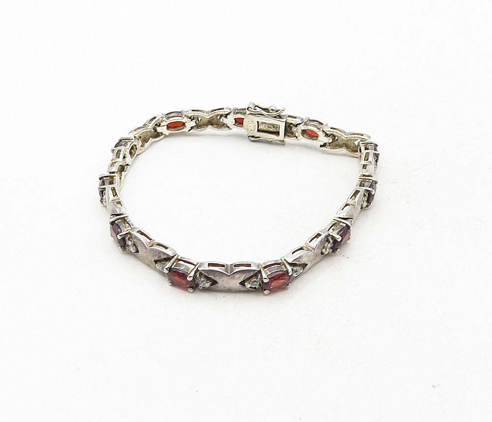 925 Sterling Silver  Vintage Red & White Topaz XO Link Chain Bracelet  BT4062
