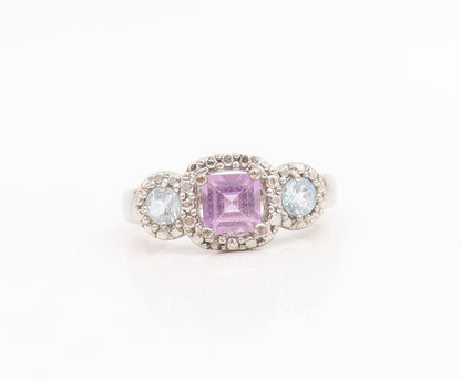 925 Sterling Silver Vintage Ring Amethyst & Topaz Statement Band  Sz 10  RG34797
