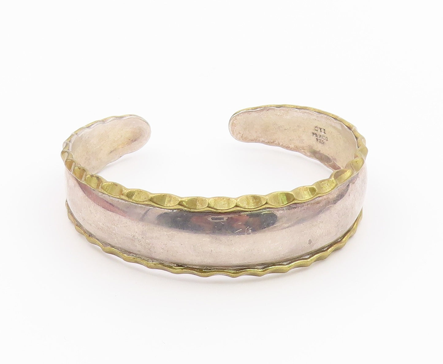 CII MEXICO 925 Silver  Vintage 2 Tone Wavy Trim Tapered Cuff Bracelet  BT9212