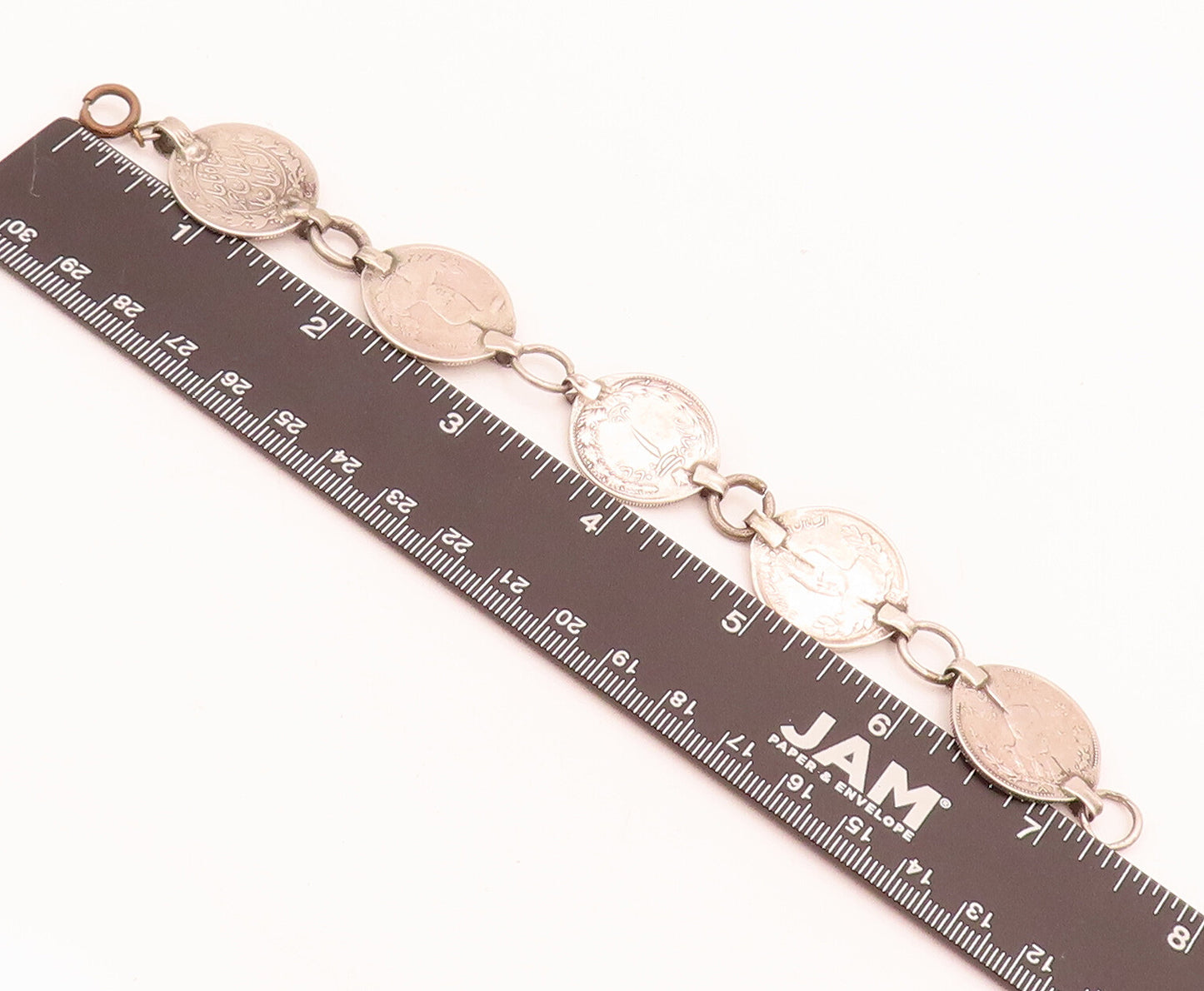 925 Sterling Silver  Vintage Solid Etched Arab Coin Link Bracelet  BT10016