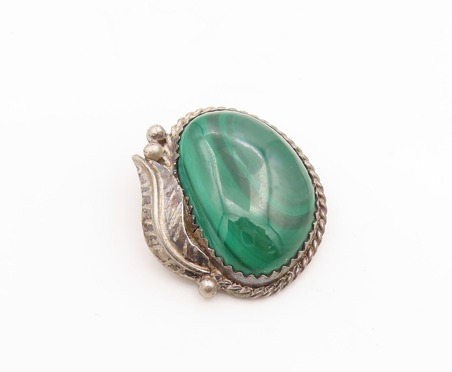925 Sterling Silver Vintage Pendant NAVAJO Malachite Floral Leaf Charm  PT25905