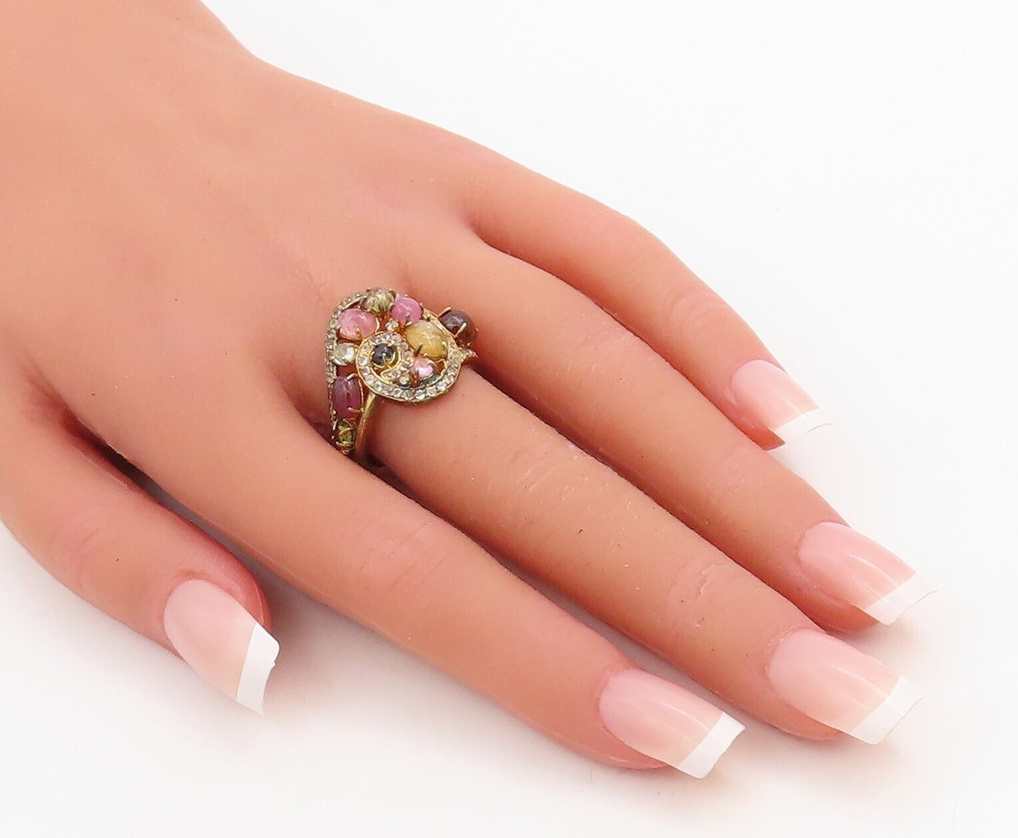 925 Sterling Silver Vintage Ring Gold Plated Cabochon Gemstone  Sz 8  RG30720