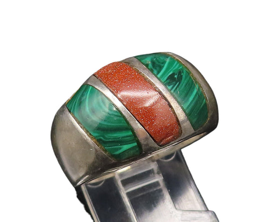 MEXICO 925 Silver  Vintage Malachite & Drusy Quartz Dome Ring Sz 7.5  RG25869