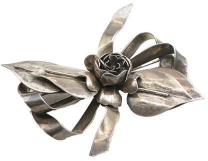 925 Sterling Silver  Vintage Oxidized Floral Bow Tied Ribbon Brooch Pin BP3792