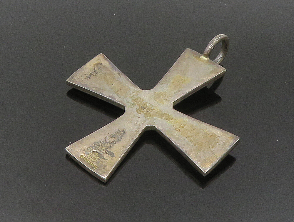 925 Sterling Silver  Vintage Orange Enamel Religious Cross Pendant  PT20031