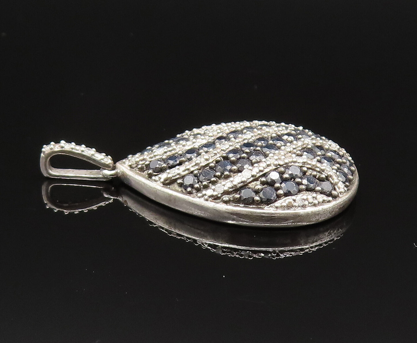 925 Silver  Vintage Genuine Diamonds & Black Spinel Pear Shape Pendant PT21167