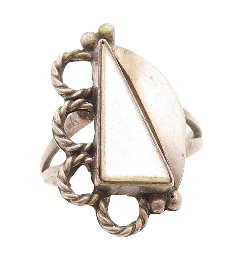 925 Sterling Silver Vintage Ring Designer Mother Of Pearls  Sz 6.5  RG31471