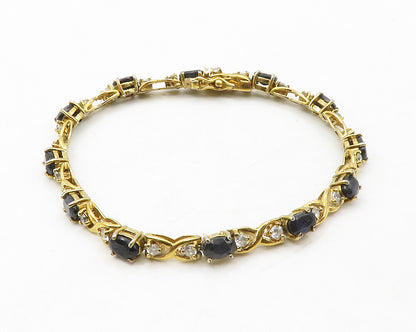 925 Sterling Silver  Sapphire & Topaz Gold Plated Shiny Chain Bracelet  BT5023