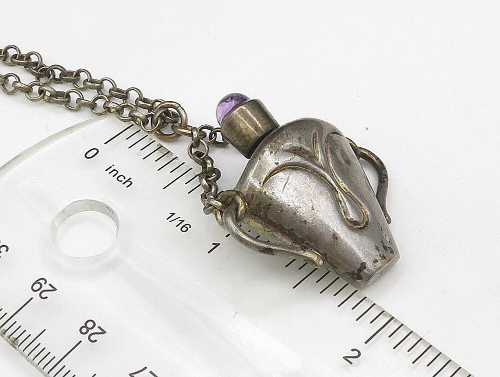 925 Silver  Vintage Antique Fleur De Lis Amethyst Tea Cup Necklace  NE3835