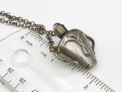 925 Silver  Vintage Antique Fleur De Lis Amethyst Tea Cup Necklace  NE3835