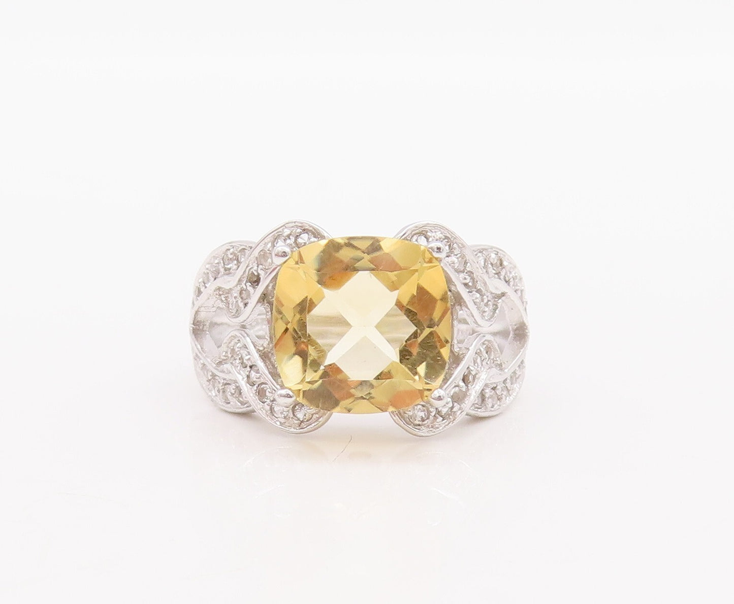 925 Sterling Silver Vintage Ring Carved Square Citrine & Topaz  Sz 7.5  RG29519